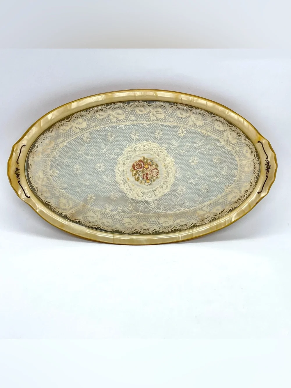 Vintage Lucite Vanity Tray with Lace & Embroidered Roses Butterscotch Oval